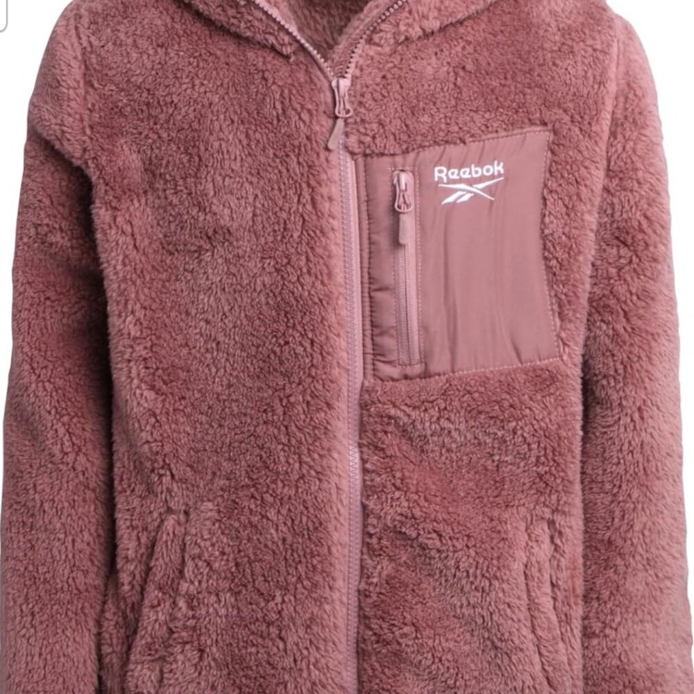 Reebok Women's Hooded Sherpa Fleece Jacket- Soft Pink Full Zip Coat (L)